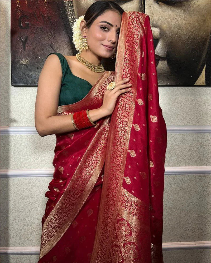 Red Color Small Butti Design Banarasi Soft Silk Saree