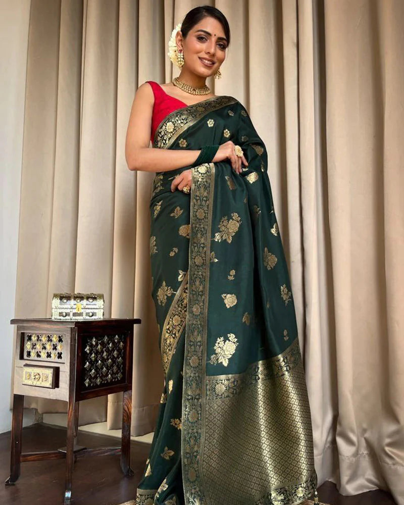 Dark Green Color Big Flower Design Banarasi Soft Silk Saree