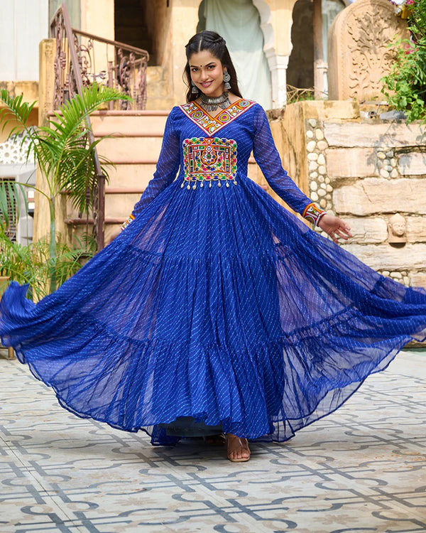 Blue Kutchi Work Laheriya Printed Anarkali Gown