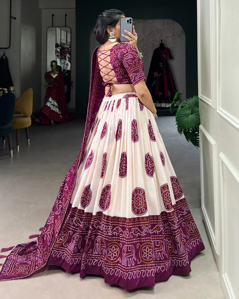 Wine Color Tussar Silk Bandhej Printed Lehenga Choli