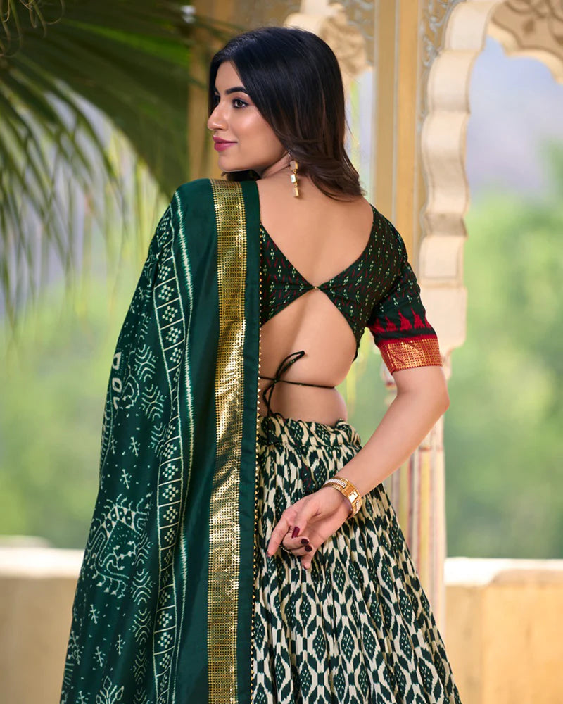 Green Color Tussar Silk Ikkat Printed Lehenga Choli