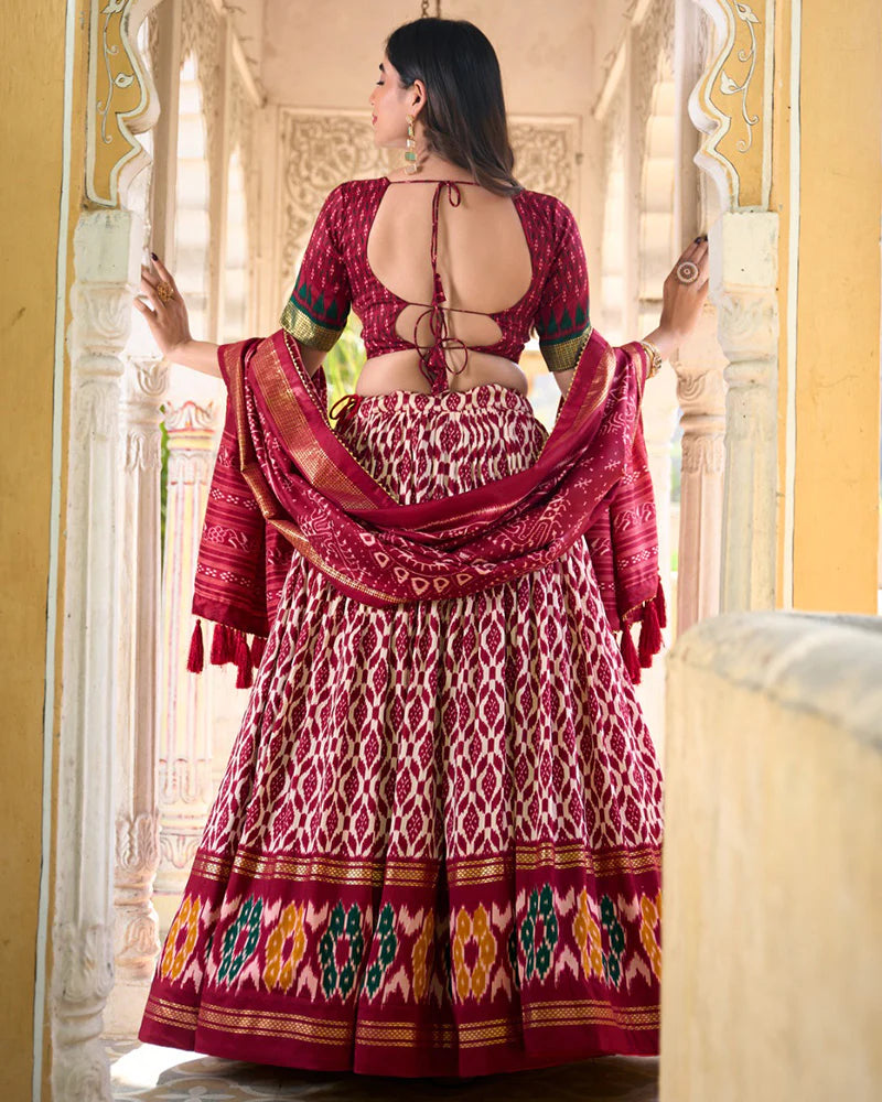 Maroon Color Tussar Silk Ikkat Printed Lehenga Choli