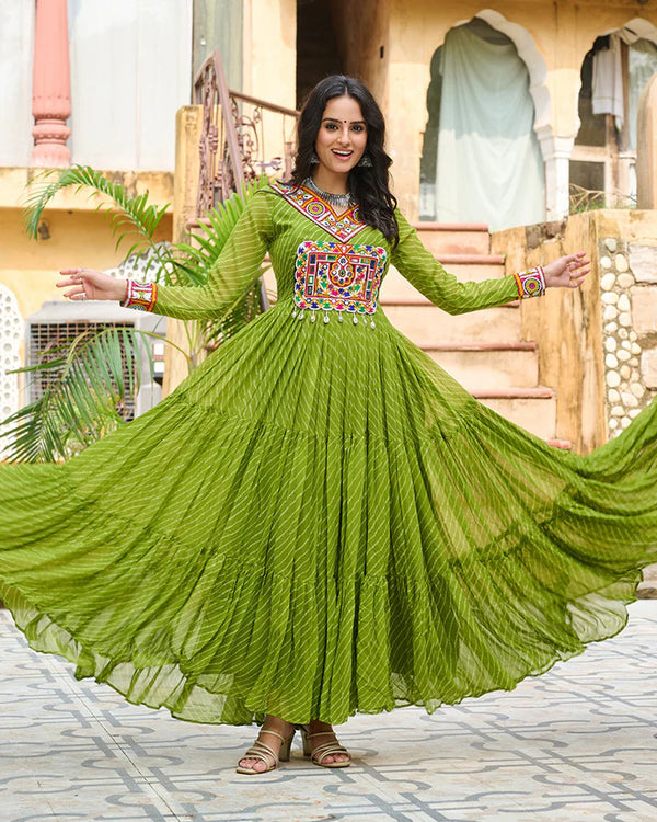 Parrot Green Kutchi Work Laheriya Printed Anarkali Gown