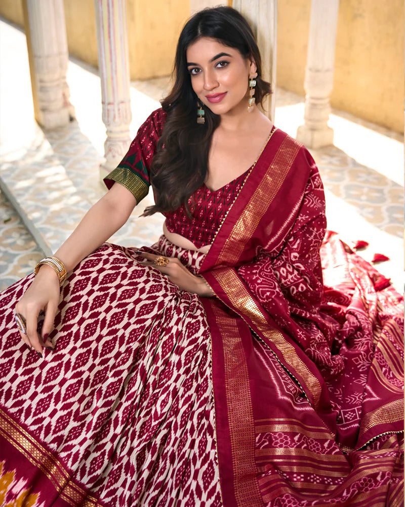 Maroon Color Tussar Silk Ikkat Printed Lehenga Choli