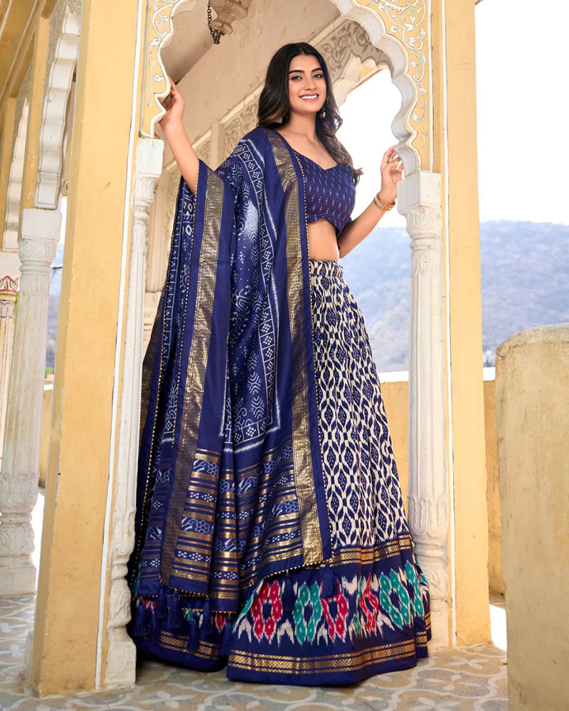 Navy Blue Color Tussar Silk Ikkat Printed Lehenga Choli