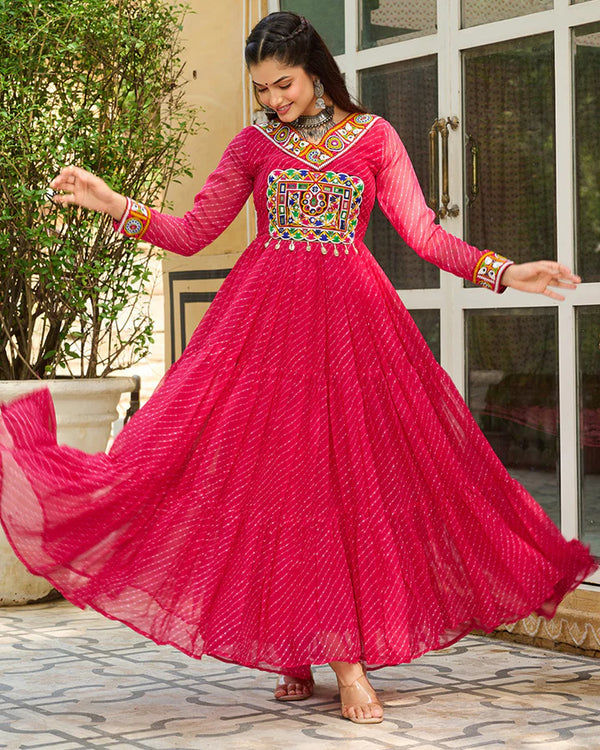 Pink Kutchi Work Laheriya Printed Anarkali Gown
