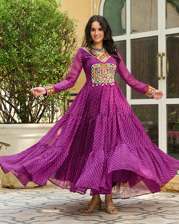 WIne Kutchi Work Laheriya Printed Anarkali Gown
