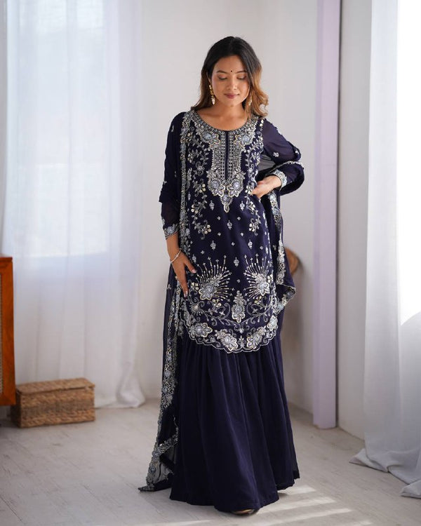 Beautiful Dark blue Color Georgette Thred with Sequnce work And Sharara set