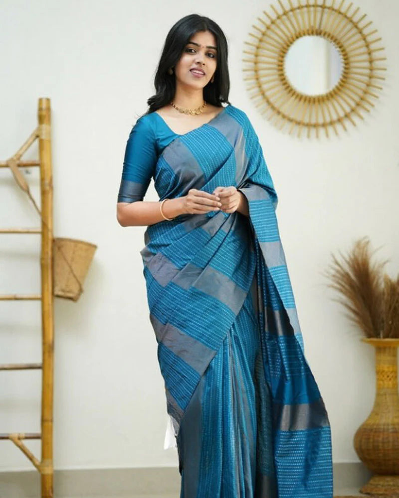 Sky Blue color Banarasi Soft Silk Saree