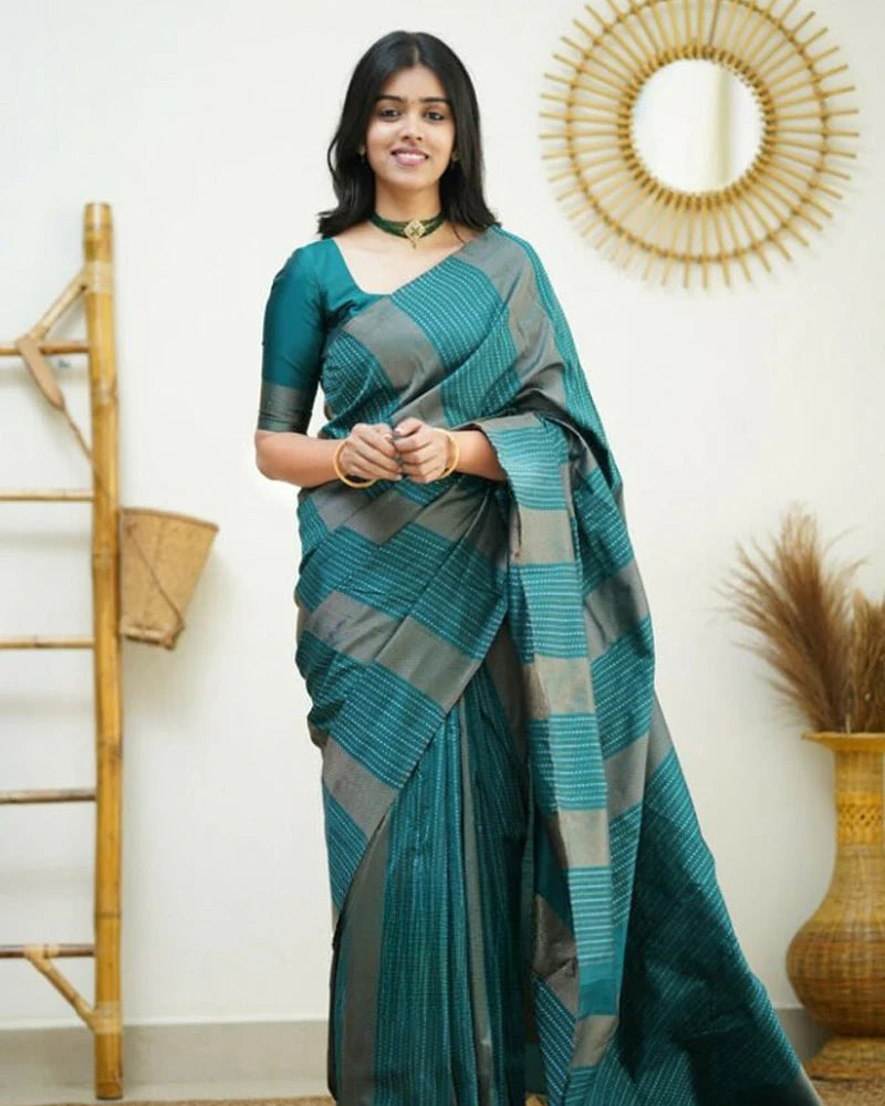 Rama color Banarasi Soft Silk Saree