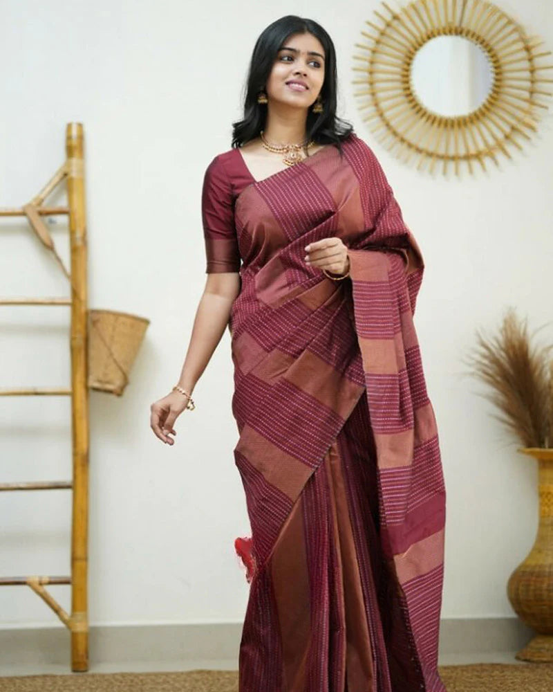 Maroon color Banarasi Soft Silk Saree