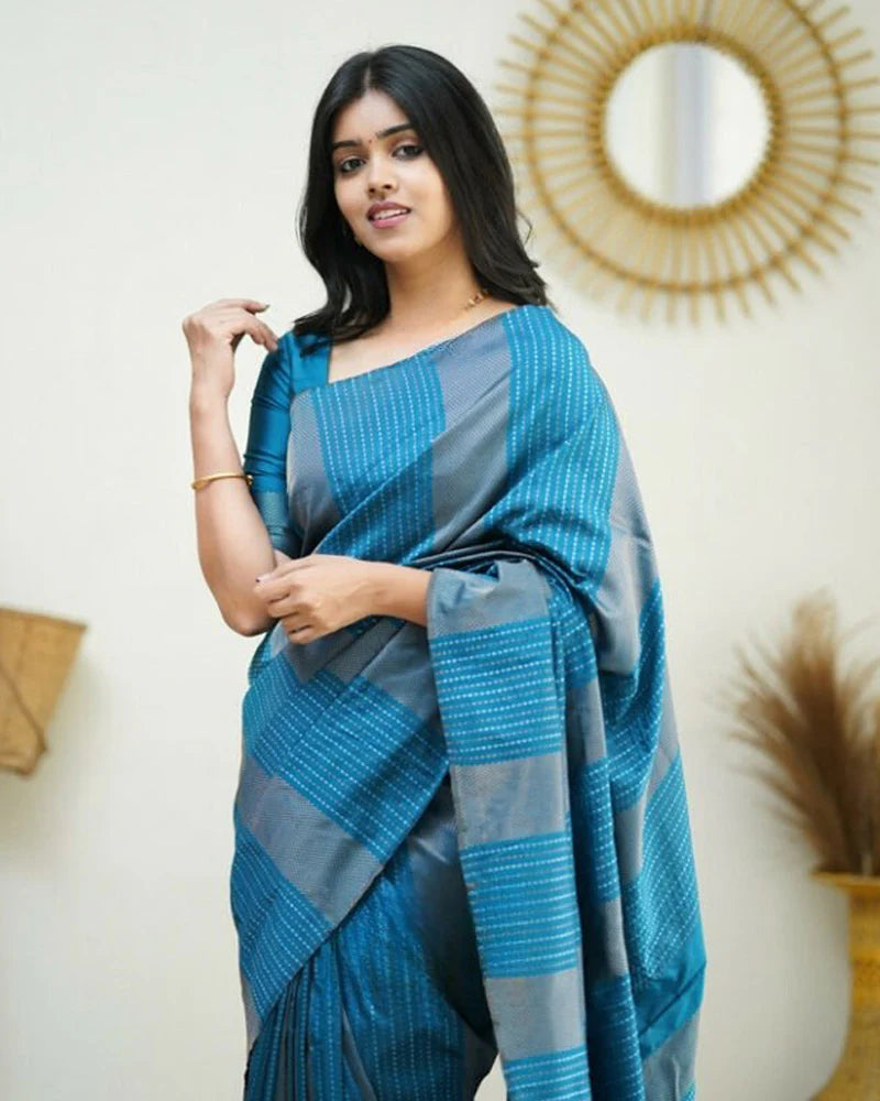 Sky Blue color Banarasi Soft Silk Saree