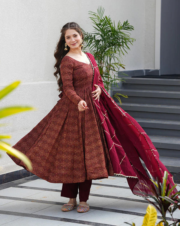 MAROON COLOR PURE COTTON AJRAKH PRINT ANARKALI SUIT