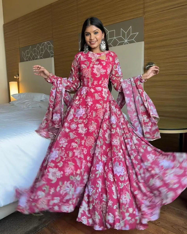 Stylish Neck Design Soft Georgette Floral Pink Color Three Piece Anarkali Suit