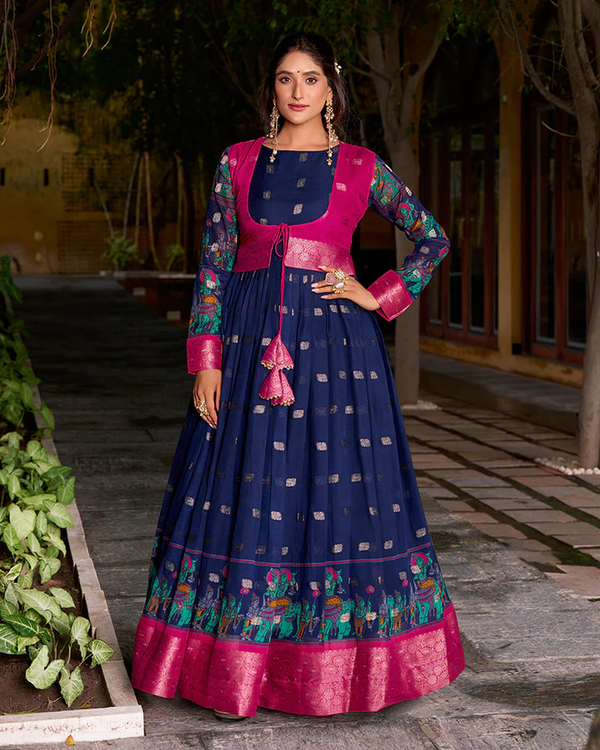 ELEGANT NAVY BLUE COLOR POLY COTTON GOWN WITH KOTI