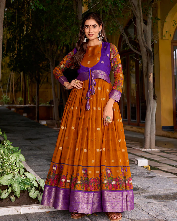 ELEGANT MUSTARD COLOR POLY COTTON GOWN WITH KOTI