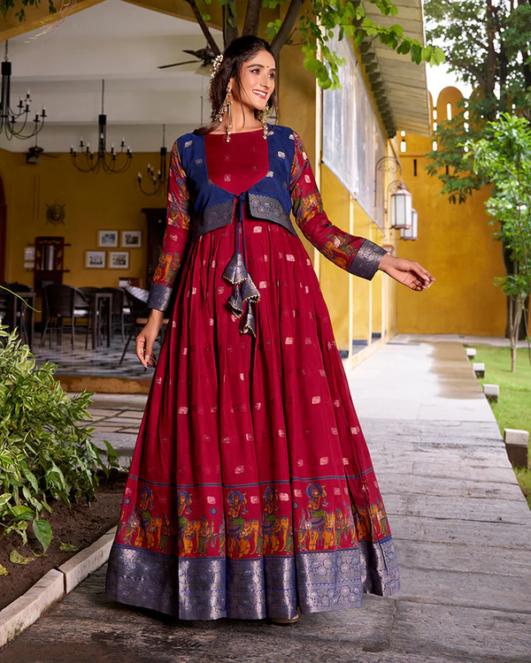 ELEGANT MAROON COLOR POLY COTTON GOWN WITH KOTI