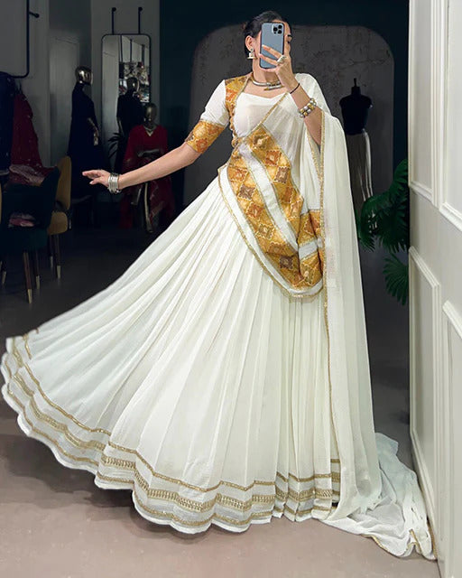 ELEGANT WHITE MARBLE FABRIC NAVRATRI LEHENGA CHOLI
