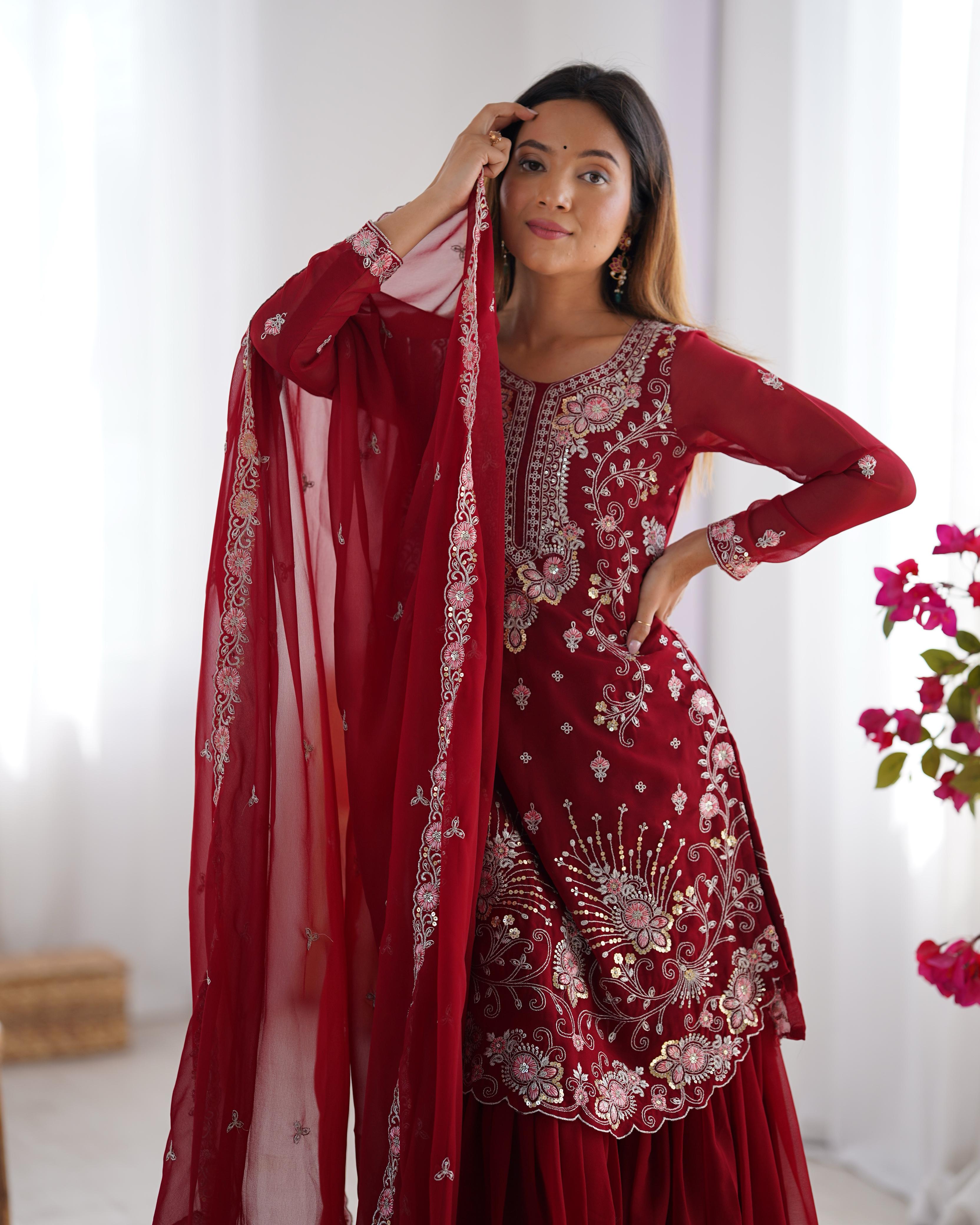 Beautiful Maroon Color Georgette Thred with Sequnce work And  Sharara set