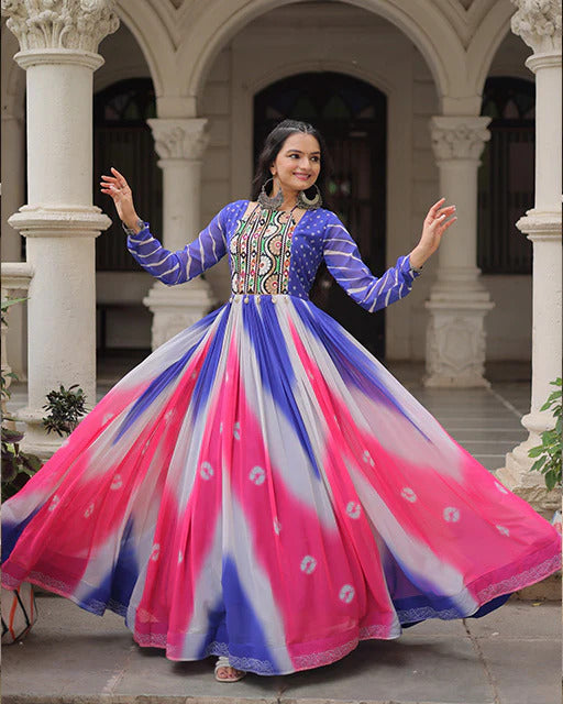 BLUE COLOR FAUX GEORGETTE BANDHEJ PRINT NAVRATRI GOWN
