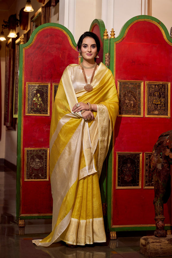 Yellow Color Weightless Jacquard Chex Saree