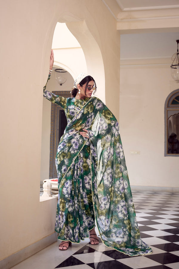 Green Color Weightless Marble Printed Saree