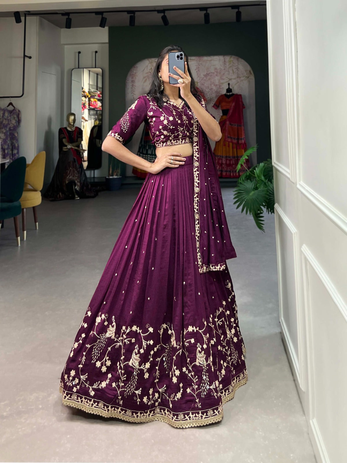 Wine-colored Vichitra Silk Lehenga Choli