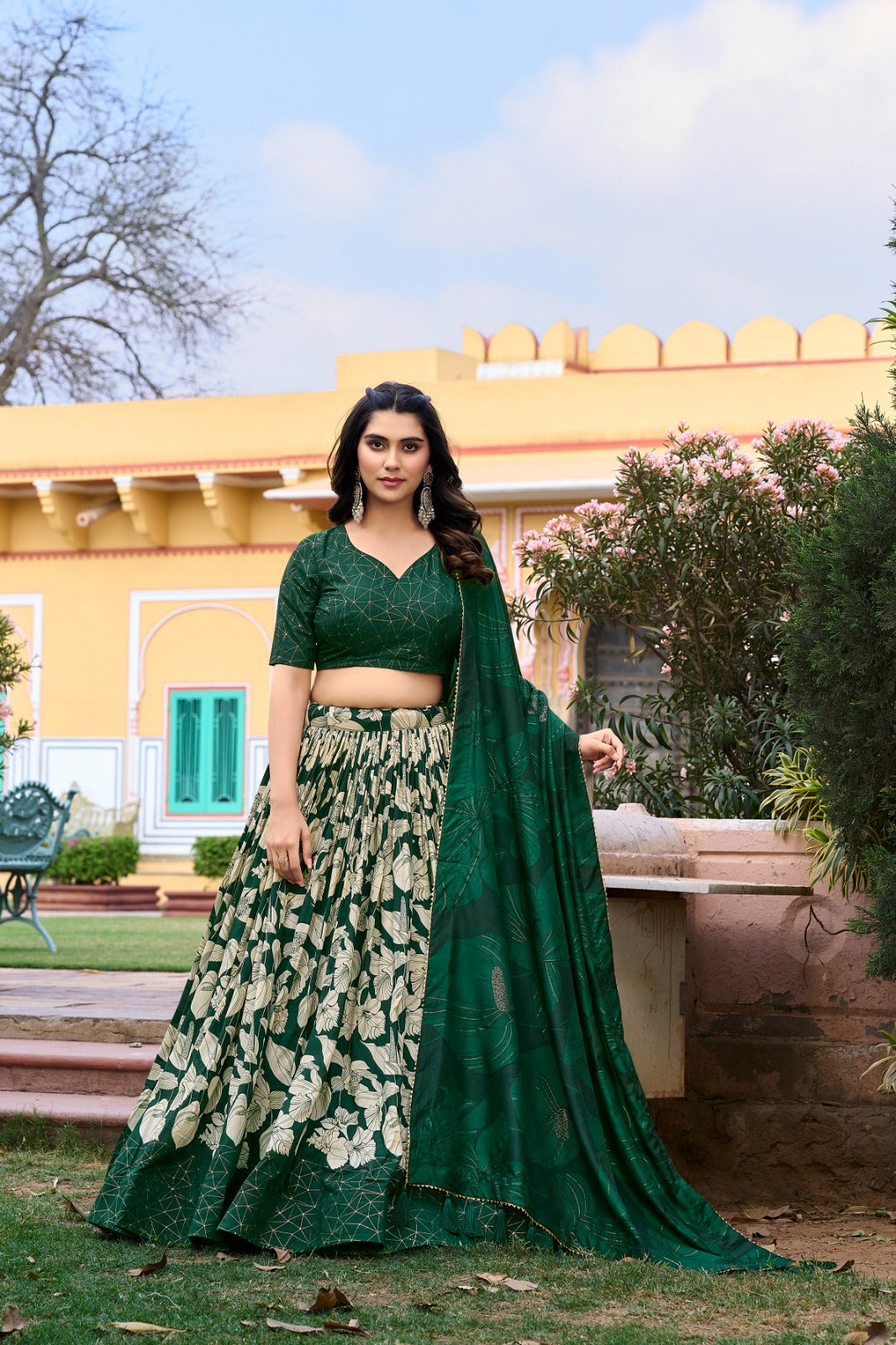 Tussar Silk Printed Lehenga Choli Green Colour with Duppta