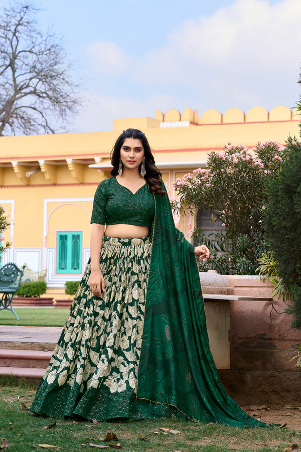 Tussar Silk Printed Lehenga Choli Green Colour with Duppta