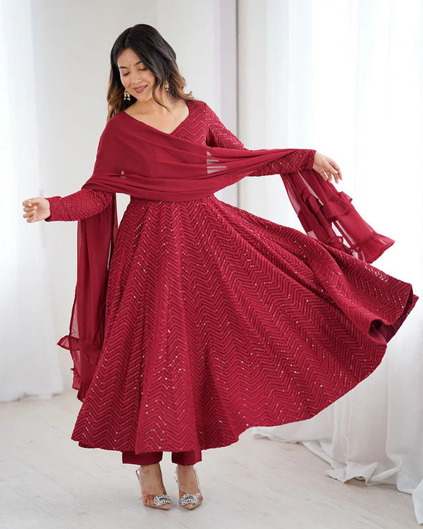MAROON COLOR GEORGETTE LUCKNOWI THREE PIECE ANARKALI SUIT