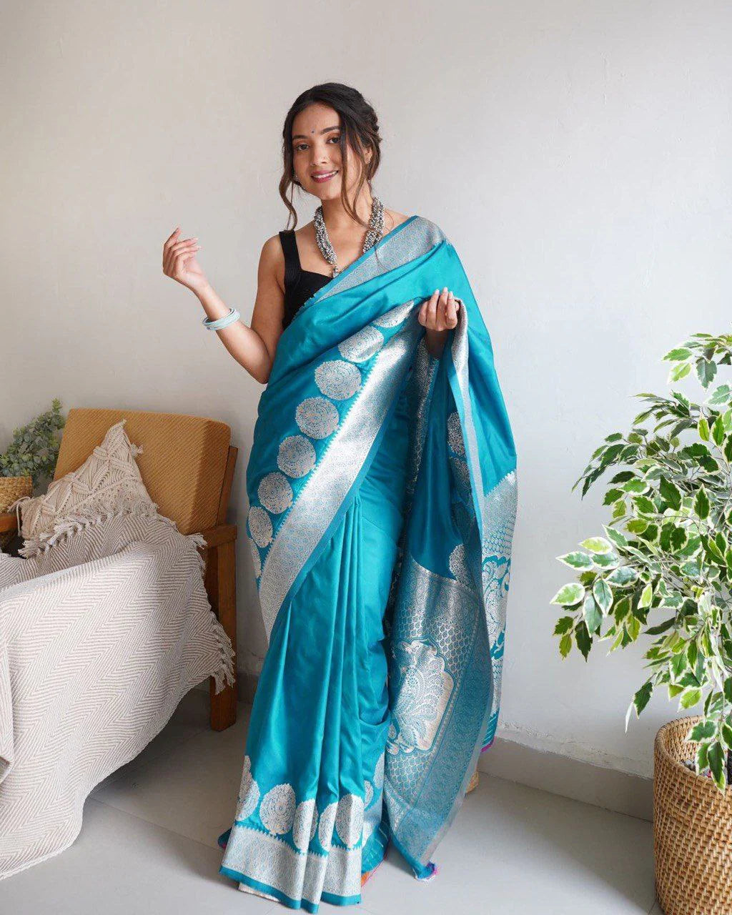 Beautiful Sky Blue Jacquard Silk Saree