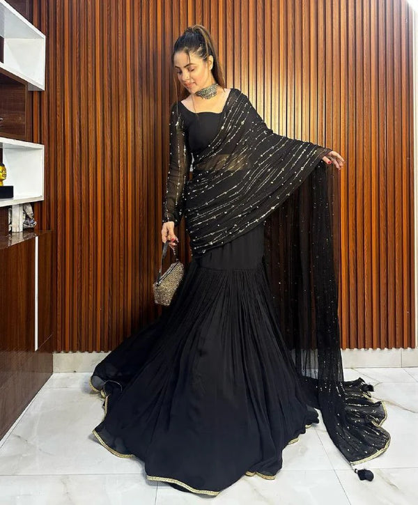 Delightful Black Color Georgette Base Sequence Work Designer Lehenga Saree