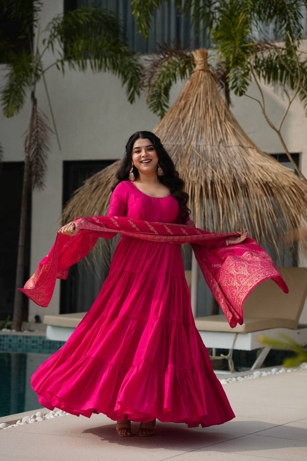 Rani Pink Color Pure Chanderi Silk Frill Style Anarkali Suit