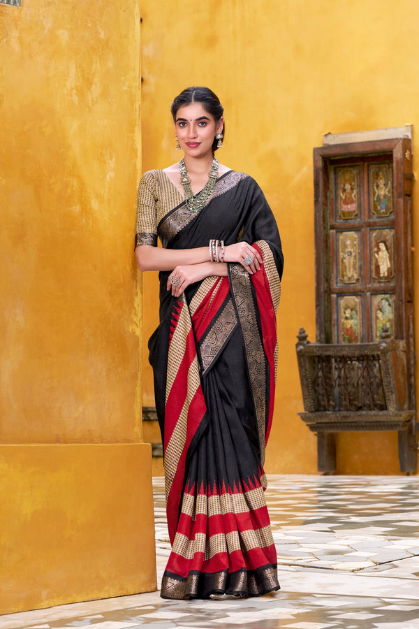 Black Soft cotton Saree With Royal Zari Border