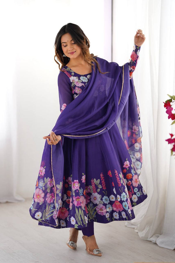 Purple Color Floral Print Organza Three Piece Anarkali Suit