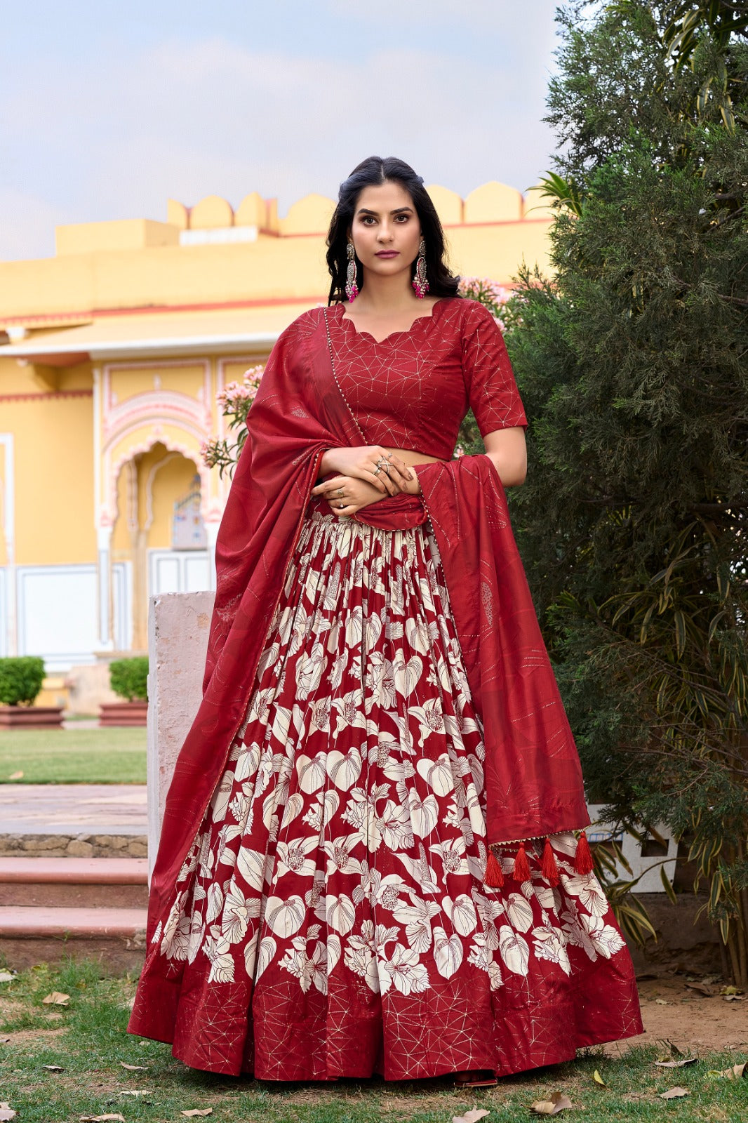 Tussar Silk Printed Lehenga Choli Red Colour with Duppta