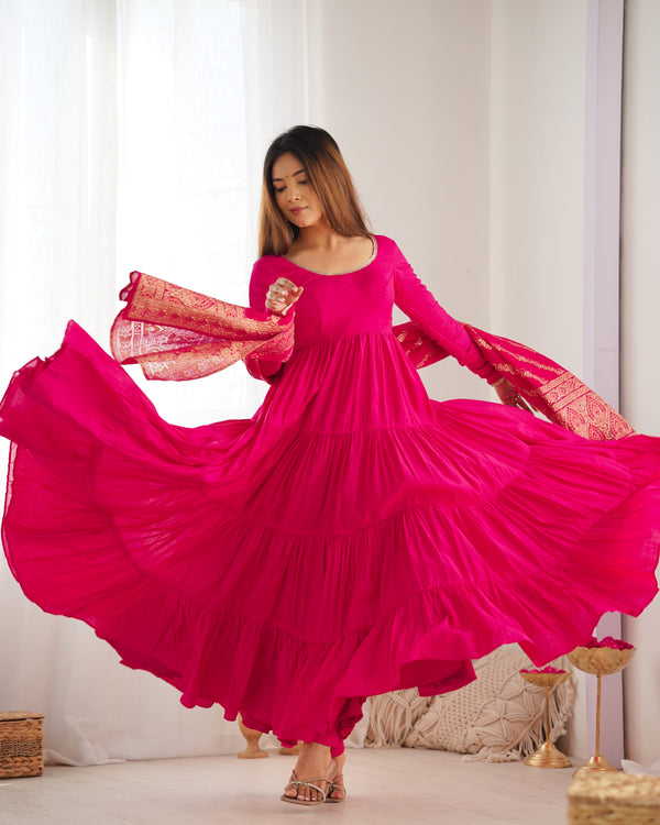 Pink Color Pure Roman silk Anarkali With Jackquard Dupatta