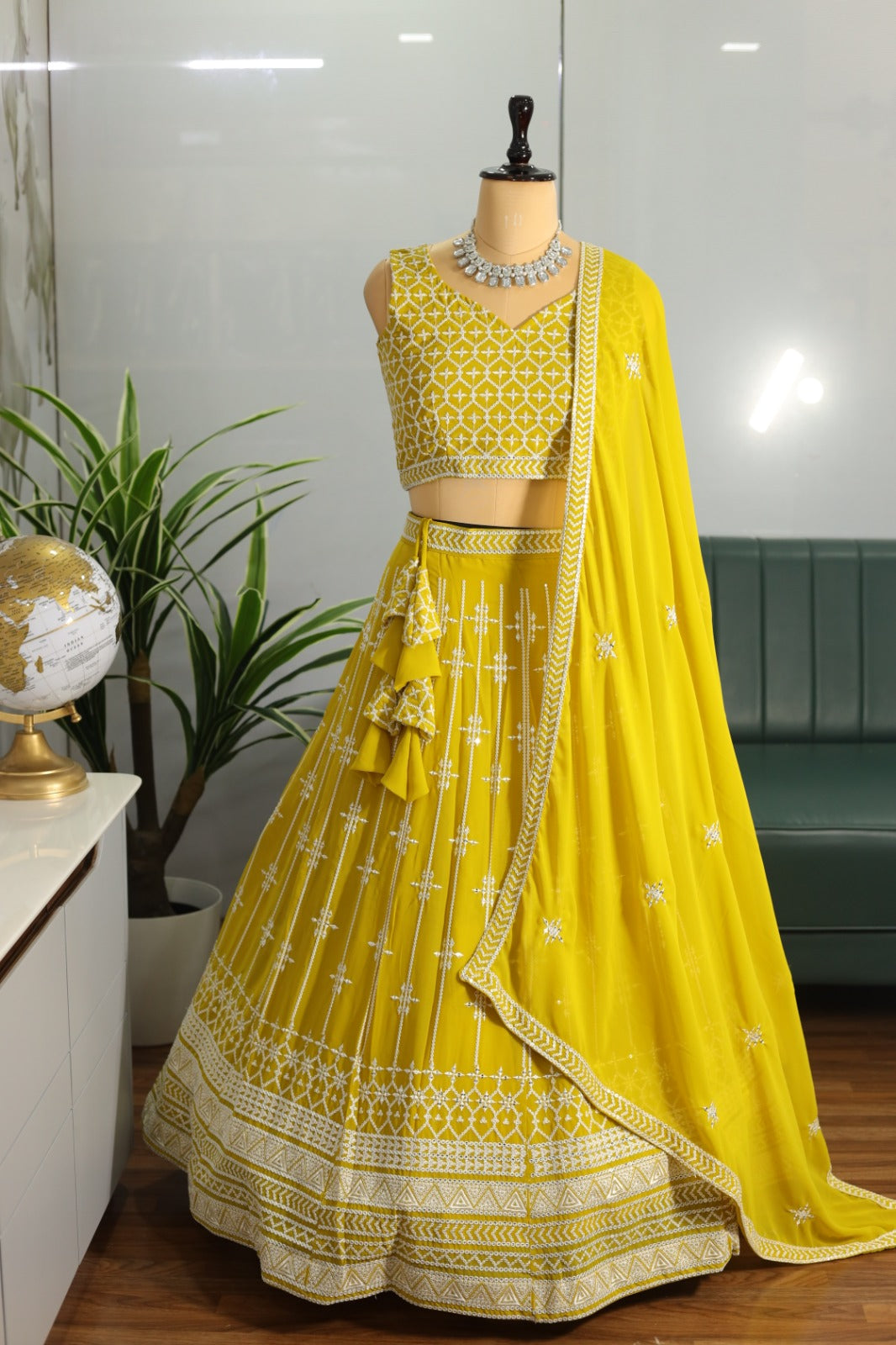 Yellow lemon Faux Georgette With Sequence Zari Work Lehenga