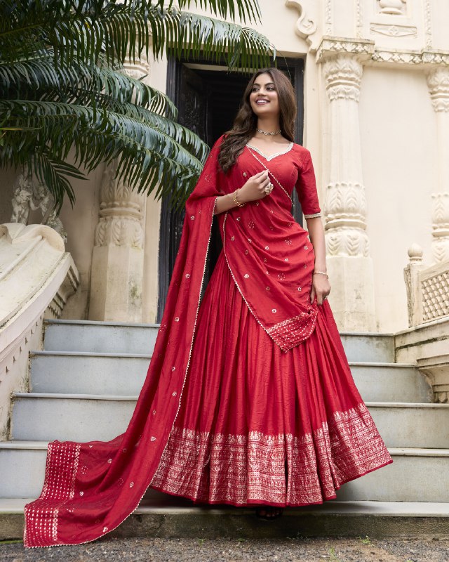 Red Color Pure Chanderi Plain Lehenga Choli