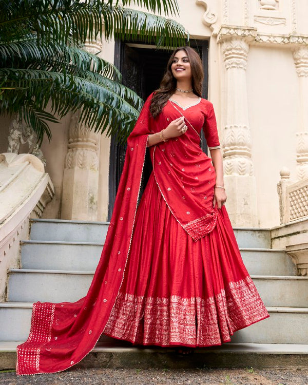 Red Color Pure Chanderi Plain Lehenga Choli