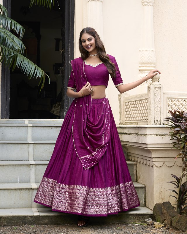 Wine Color Pure Chanderi Plain Lehenga Choli