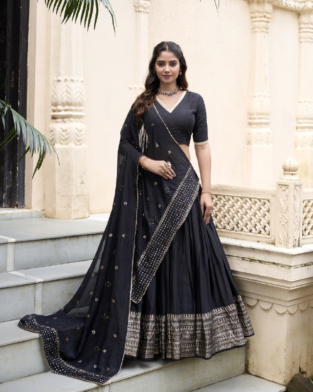 Black Color Pure Chanderi Plain Lehenga Choli