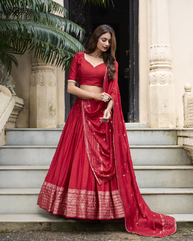 Red Color Pure Chanderi Plain Lehenga Choli