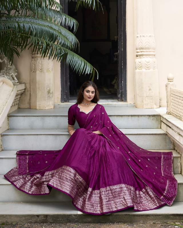 Wine Color Pure Chanderi Plain Lehenga Choli