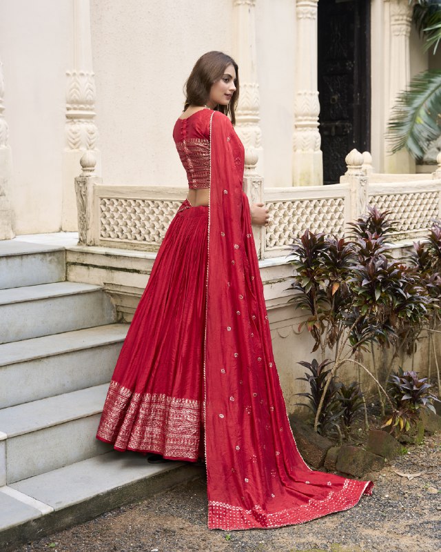 Red Color Pure Chanderi Plain Lehenga Choli