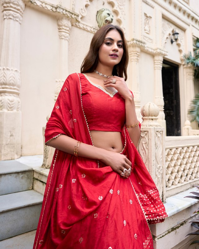 Red Color Pure Chanderi Plain Lehenga Choli