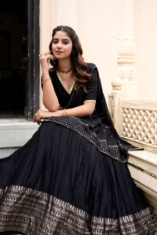 Black Color Pure Chanderi Plain Lehenga Choli