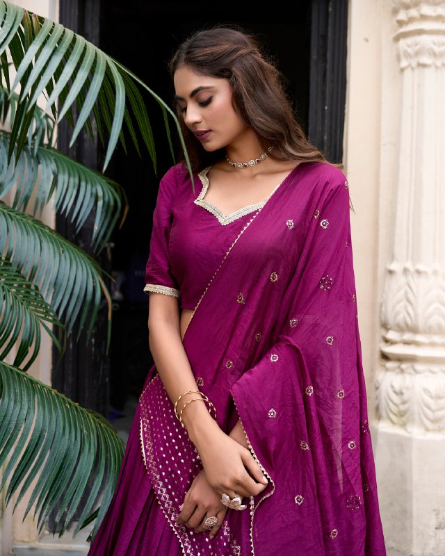 Wine Color Pure Chanderi Plain Lehenga Choli