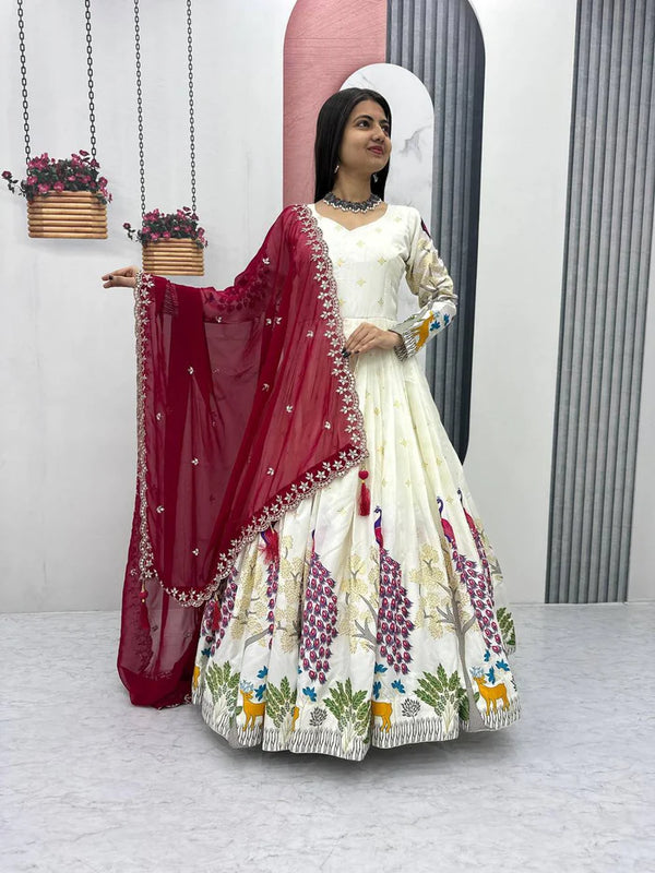 TRENDING PEACOCK DESIGN DOLA SILK BASE FOIL AND MILL PRINT WORK GOWN