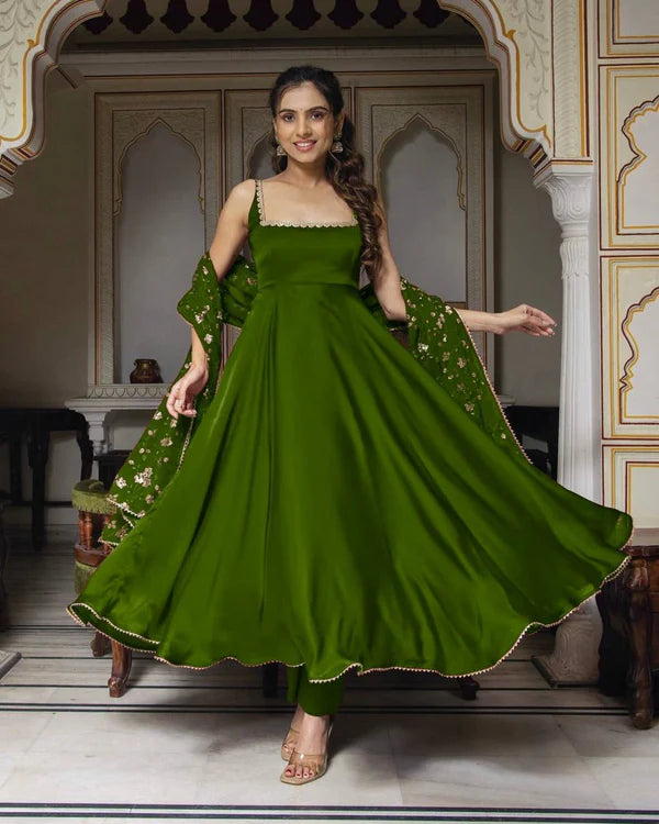 GREEN COLOR PARTY WEAR LOOK ANARKALI WITH BOTTOM AND DUPATTA